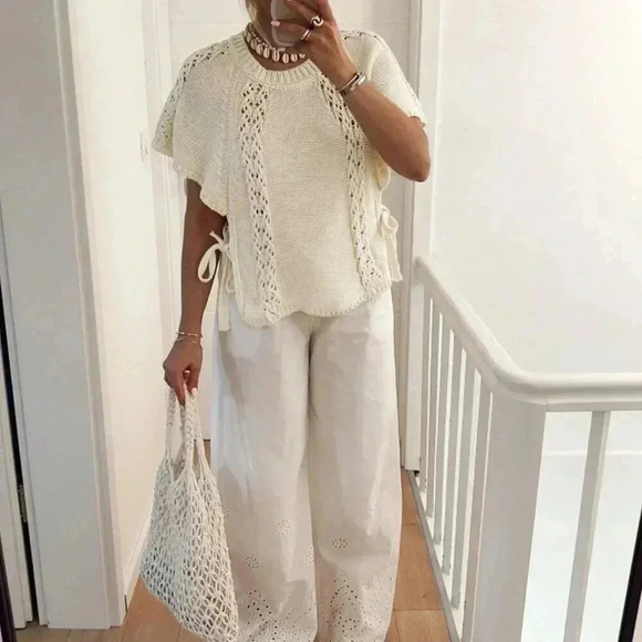 Apricot Casual Women's Fashion Side Tie Round Neck Cap Sleeve Sweater - Picture 3 of 6